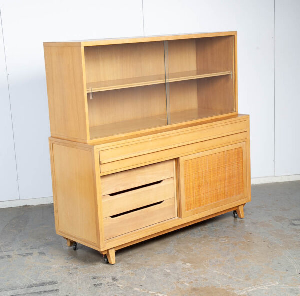Mid Century Modern China Cabinet Hutch Rway Furniture Cane Ash Display Vintage Sliding Glass Doors Storage Drawers 1950s