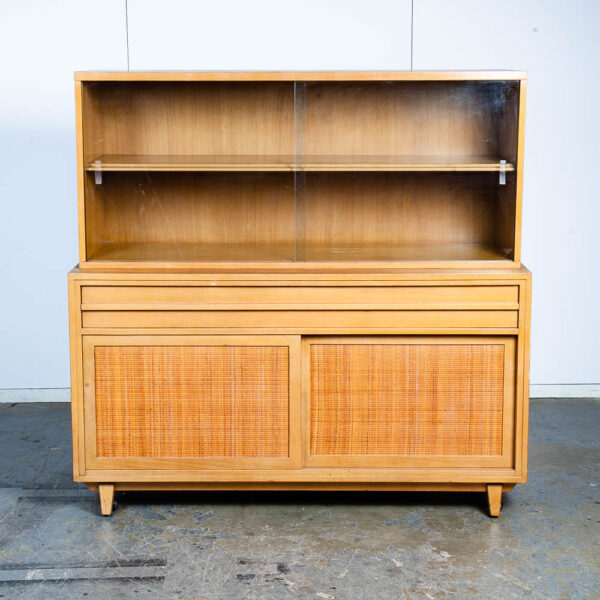 Mid Century Modern China Cabinet Hutch Rway Furniture Cane Ash Display Vintage Sliding Glass Doors Storage Drawers 1950s - Image 2