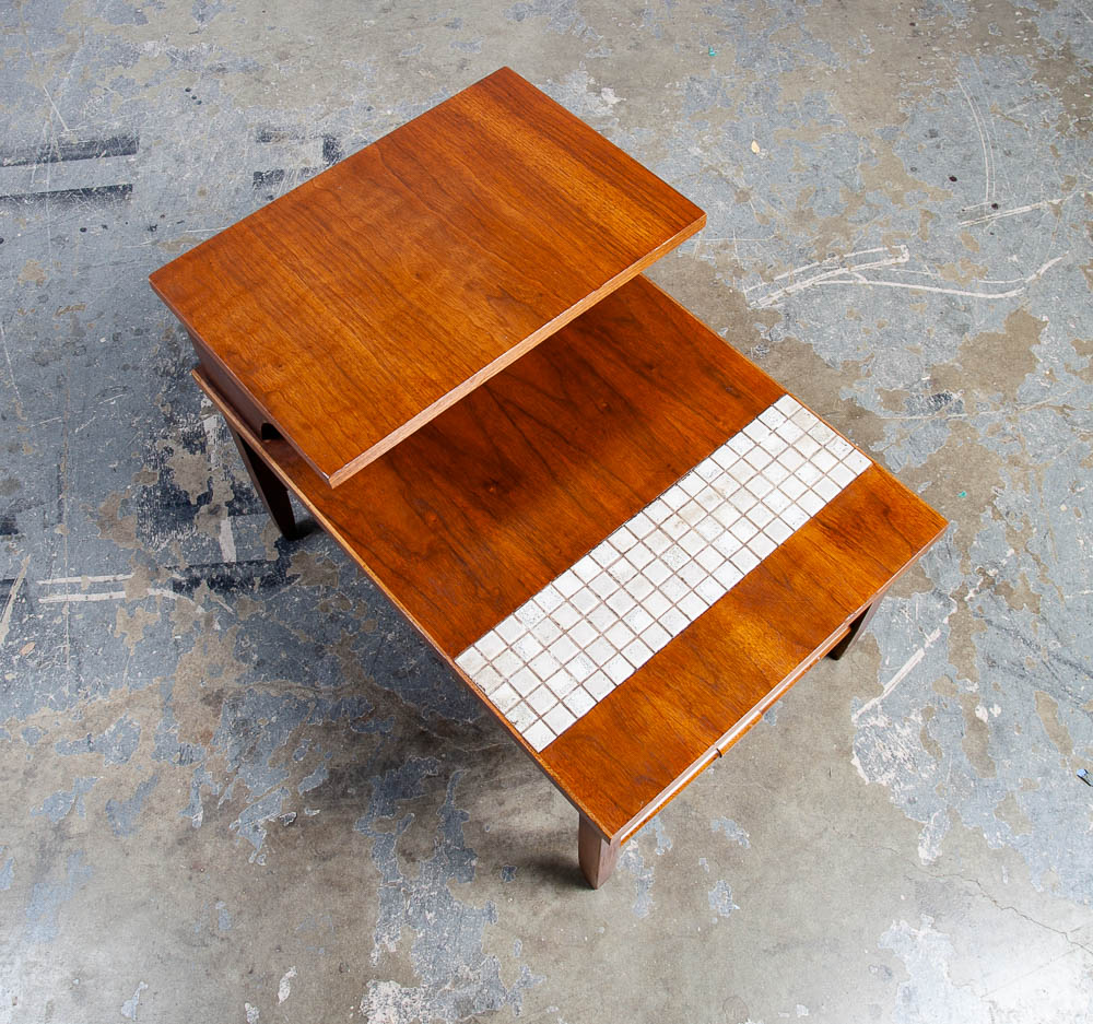 Mid Century Modern End Table Side Lane Monte Carlo Vintage 2 tier Walnut Ceramic Tile Inlay - Image 10
