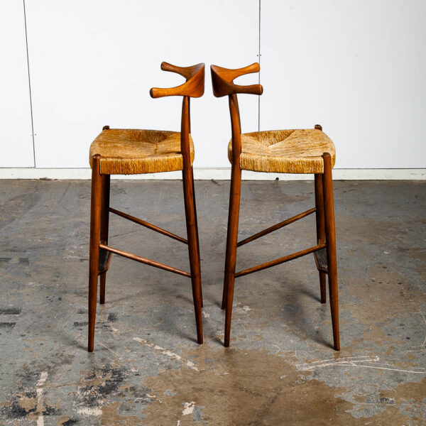 Mid Century Danish Modern Bar Stools Pair Set Arthur Umanoff Wood Rush Cow Horn Ox Bow Asymmetrical Vintage - Image 5