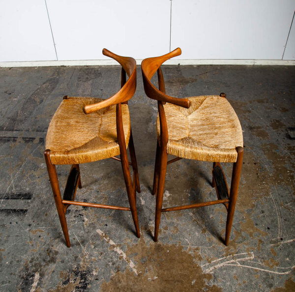 Mid Century Danish Modern Bar Stools Pair Set Arthur Umanoff Wood Rush Cow Horn Ox Bow Asymmetrical Vintage - Image 11