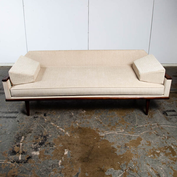 Mid Century Modern Daybed Sofa Couch Bed Cream Solid Walnut Restored 3 Seater NM Vintage - Image 7