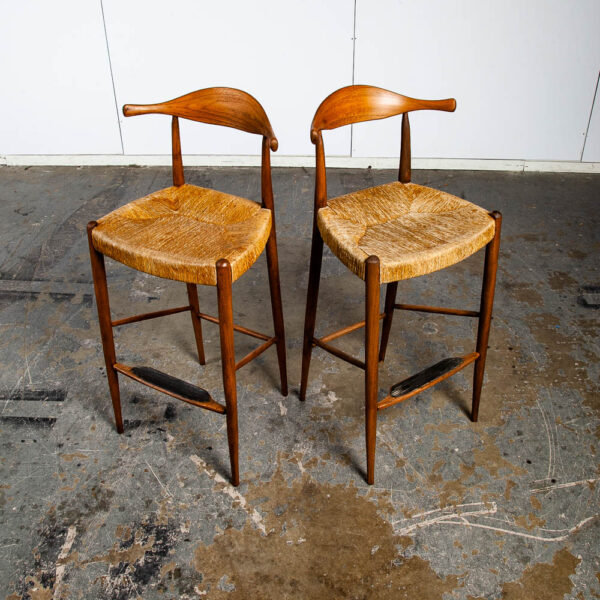 Mid Century Danish Modern Bar Stools Pair Set Arthur Umanoff Wood Rush Cow Horn Ox Bow Asymmetrical Vintage - Image 9