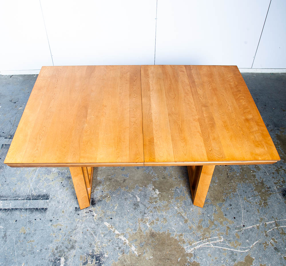 Mid Century Modern Dining Table Conant Ball Russel Wright x3 leaf Blonde Maple Solid Wood Pedestal Base Vintage - Image 6