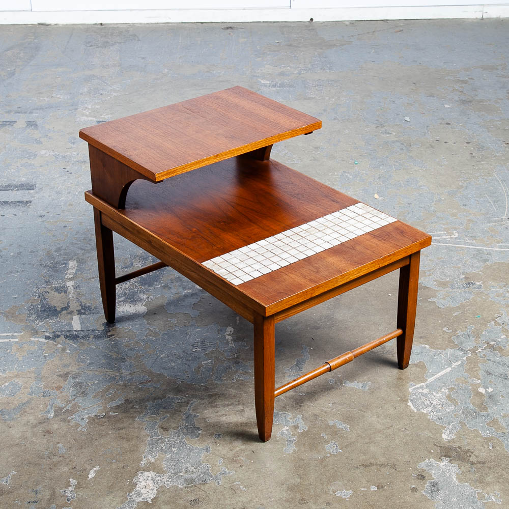 Mid Century Modern End Table Side Lane Monte Carlo Vintage 2 tier Walnut Ceramic Tile Inlay - Image 8