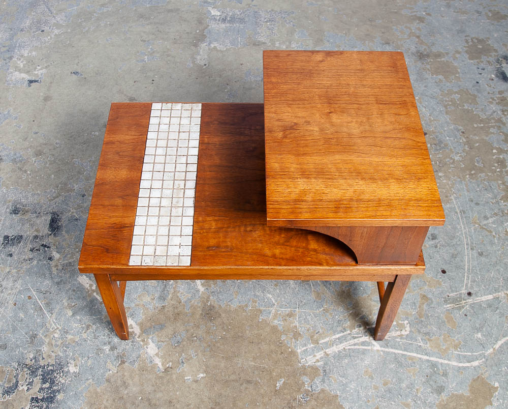 Mid Century Modern End Table Side Lane Monte Carlo Vintage 2 tier Walnut Ceramic Tile Inlay - Image 4