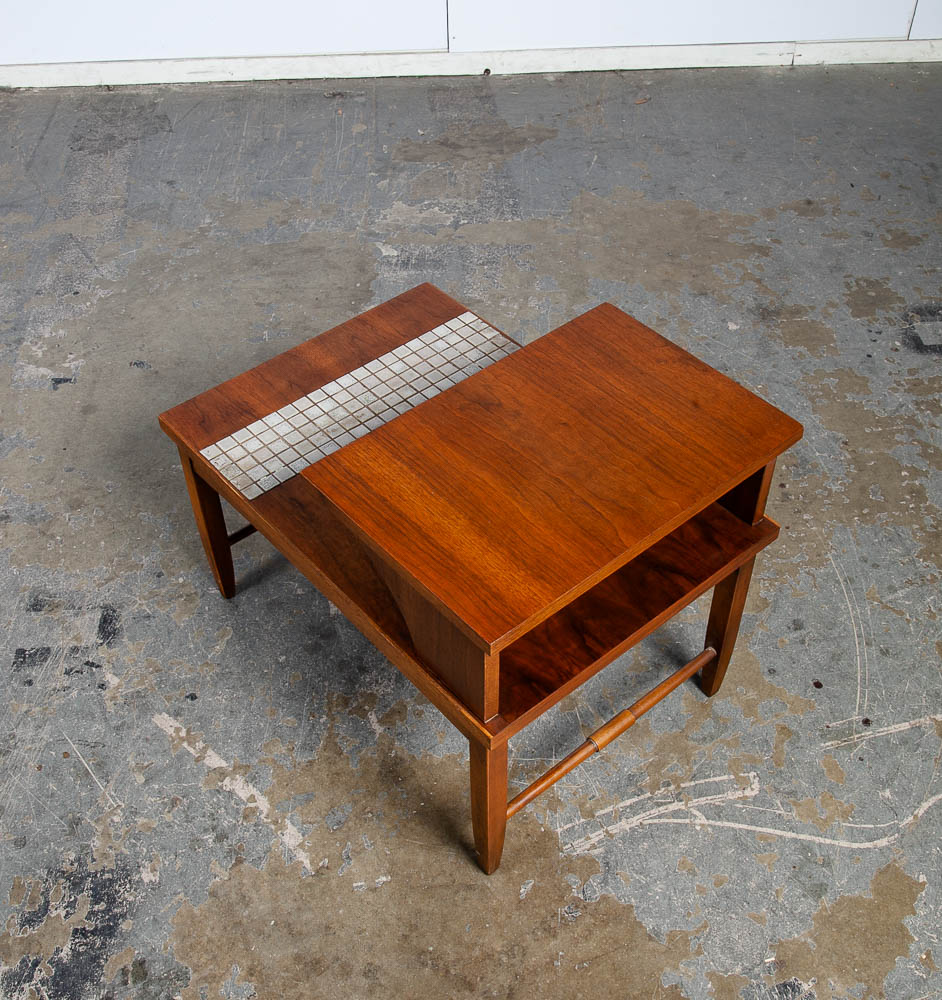 Mid Century Modern End Table Side Lane Monte Carlo Vintage 2 tier Walnut Ceramic Tile Inlay - Image 6