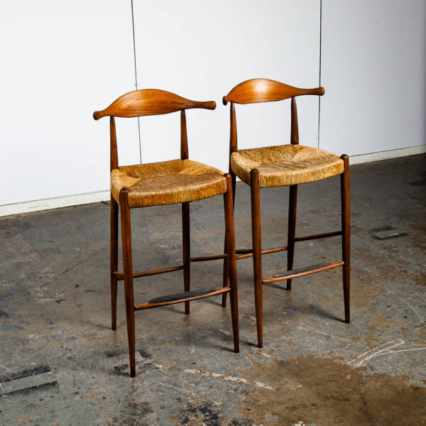 Mid Century Danish Modern Bar Stools Pair Set Arthur Umanoff Wood Rush Cow Horn Ox Bow Asymmetrical Vintage - Image 3