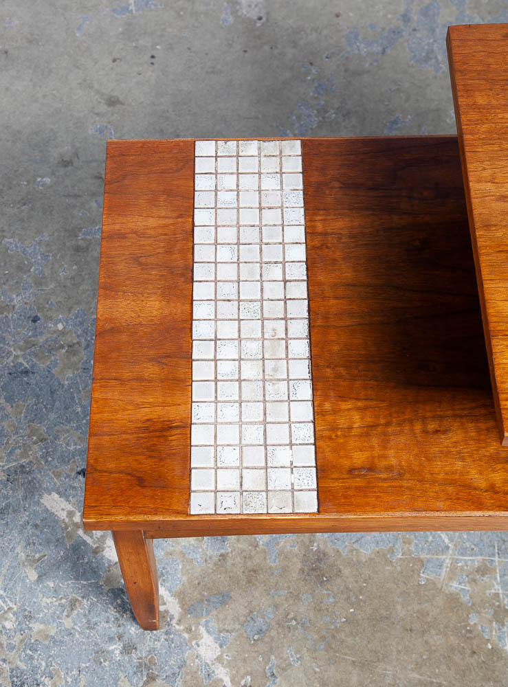 Mid Century Modern End Table Side Lane Monte Carlo Vintage 2 tier Walnut Ceramic Tile Inlay - Image 11
