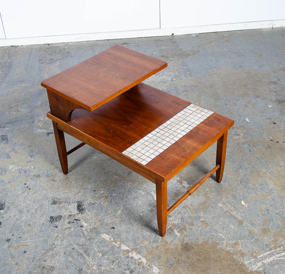 Mid Century Modern End Table Side Lane Monte Carlo Vintage 2 tier Walnut Ceramic Tile Inlay