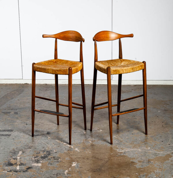 Mid Century Danish Modern Bar Stools Pair Set Arthur Umanoff Wood Rush Cow Horn Ox Bow Asymmetrical Vintage