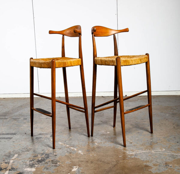 Mid Century Danish Modern Bar Stools Pair Set Arthur Umanoff Wood Rush Cow Horn Ox Bow Asymmetrical Vintage - Image 8