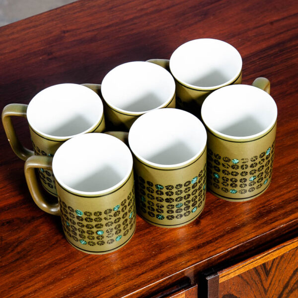 Mid Century Modern Coffee Cup Set of 6 Handle Mug Mcm Japanese Avocado Green NM Vintage - Image 4