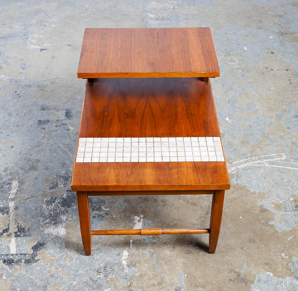 Mid Century Modern End Table Side Lane Monte Carlo Vintage 2 tier Walnut Ceramic Tile Inlay - Image 2