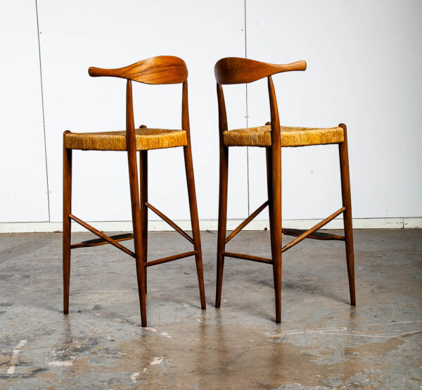Mid Century Danish Modern Bar Stools Pair Set Arthur Umanoff Wood Rush Cow Horn Ox Bow Asymmetrical Vintage - Image 4