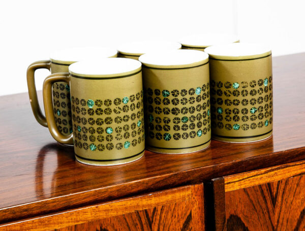 Mid Century Modern Coffee Cup Set of 6 Handle Mug Mcm Japanese Avocado Green NM Vintage