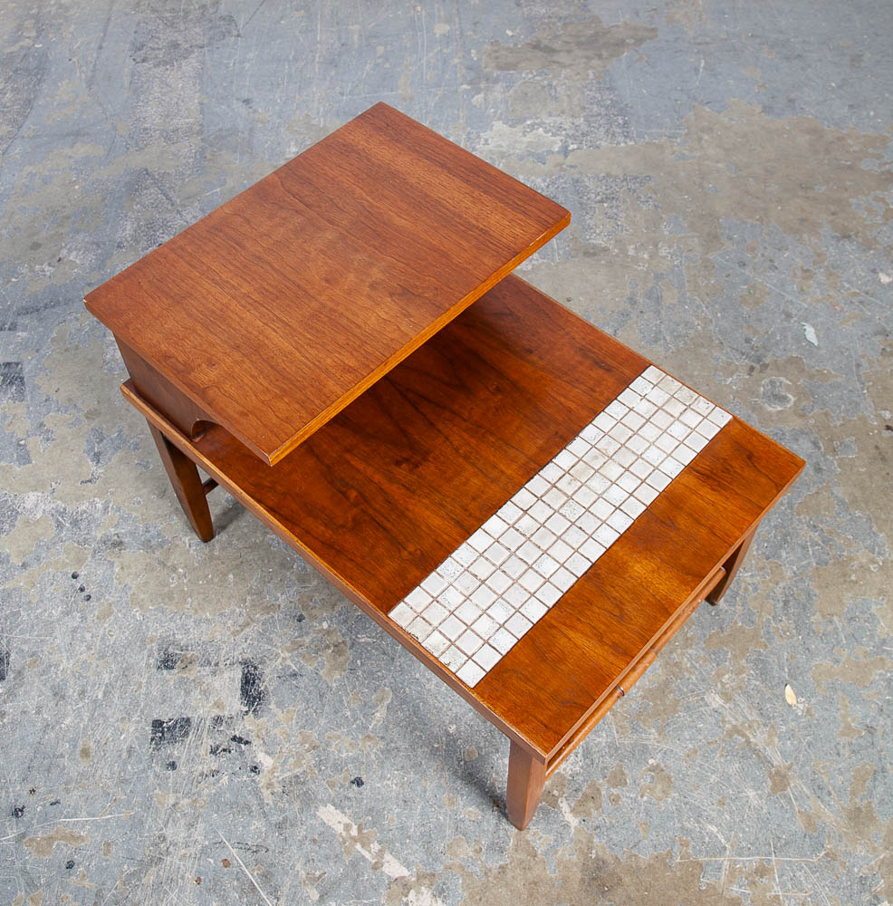 Mid Century Modern End Table Side Lane Monte Carlo Vintage 2 tier Walnut Ceramic Tile Inlay - Image 3