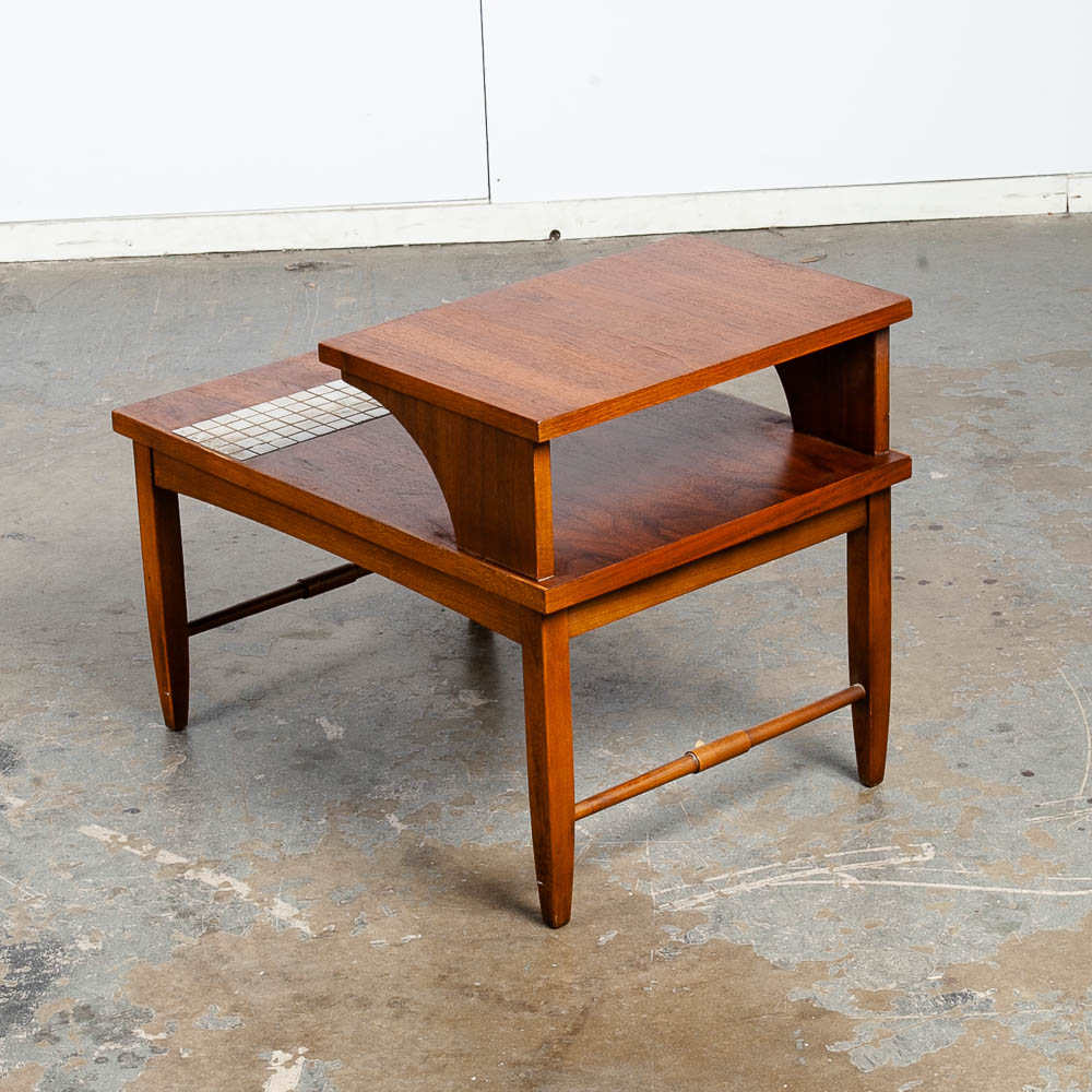 Mid Century Modern End Table Side Lane Monte Carlo Vintage 2 tier Walnut Ceramic Tile Inlay - Image 5