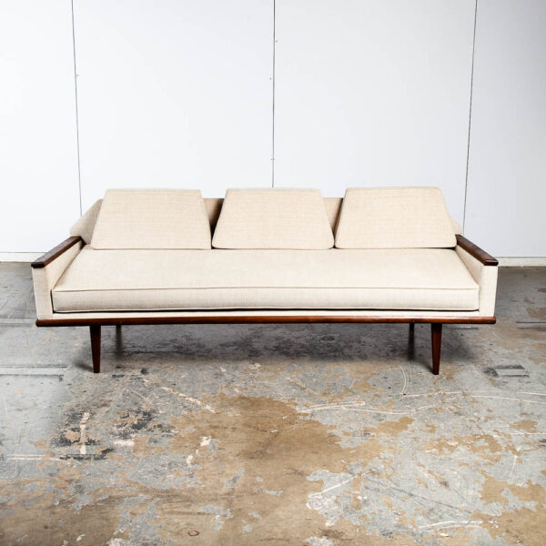 Mid Century Modern Daybed Sofa Couch Bed Cream Solid Walnut Restored 3 Seater NM Vintage - Image 2