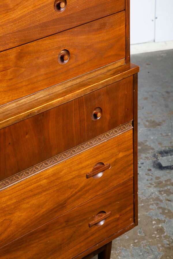 Mid Century Modern Highboy Dresser Walnut LA Period furniture 5 Drawer Chest Mcm - Image 9