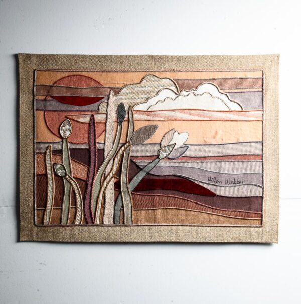 Mid Century Modern Woven Tapestry Art Helen Webber Original Signed Pastels 1987 Hand Woven Floral Sunset