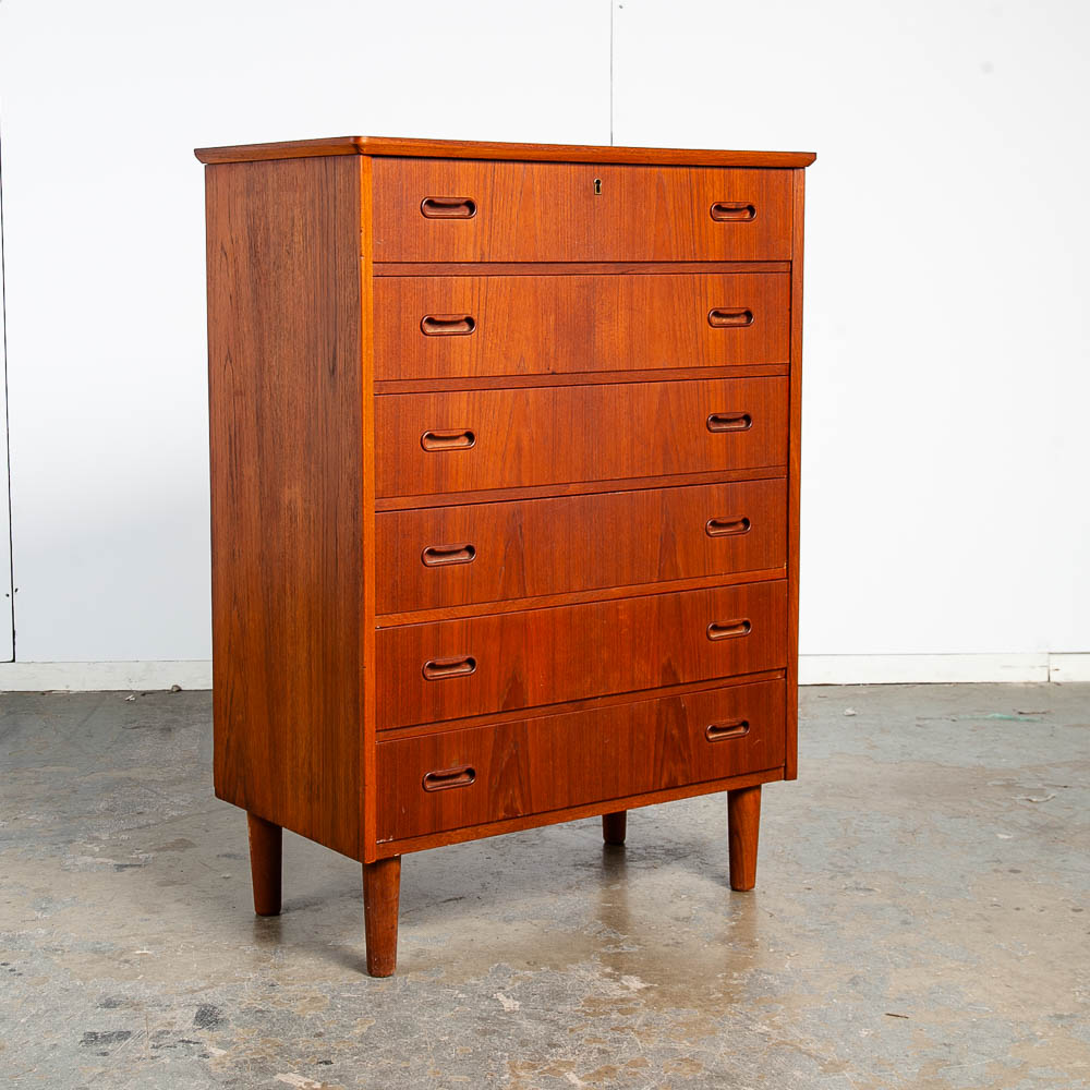 Mid Century Danish Modern Highboy Dresser 6 Drawer Teak Denmark Round Handle Locking Vintage