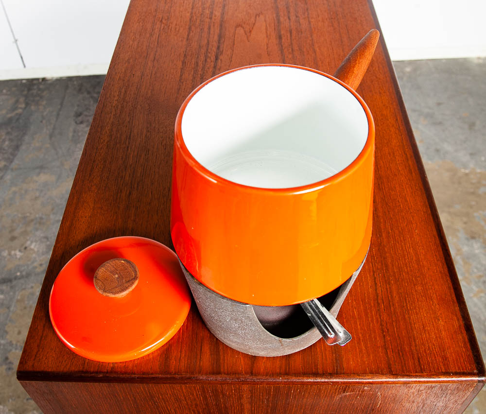 Mid Century Danish Modern Fondue Set Teak Cheese Orange Michael Lax Copco Enamel Cast Iron Vintage - Image 3