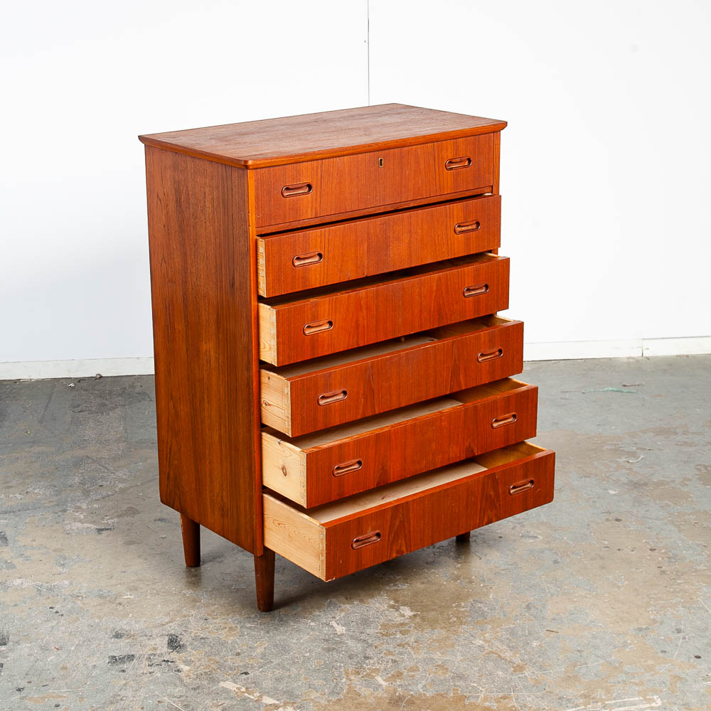 Mid Century Danish Modern Highboy Dresser 6 Drawer Teak Denmark Round Handle Locking Vintage - Image 3