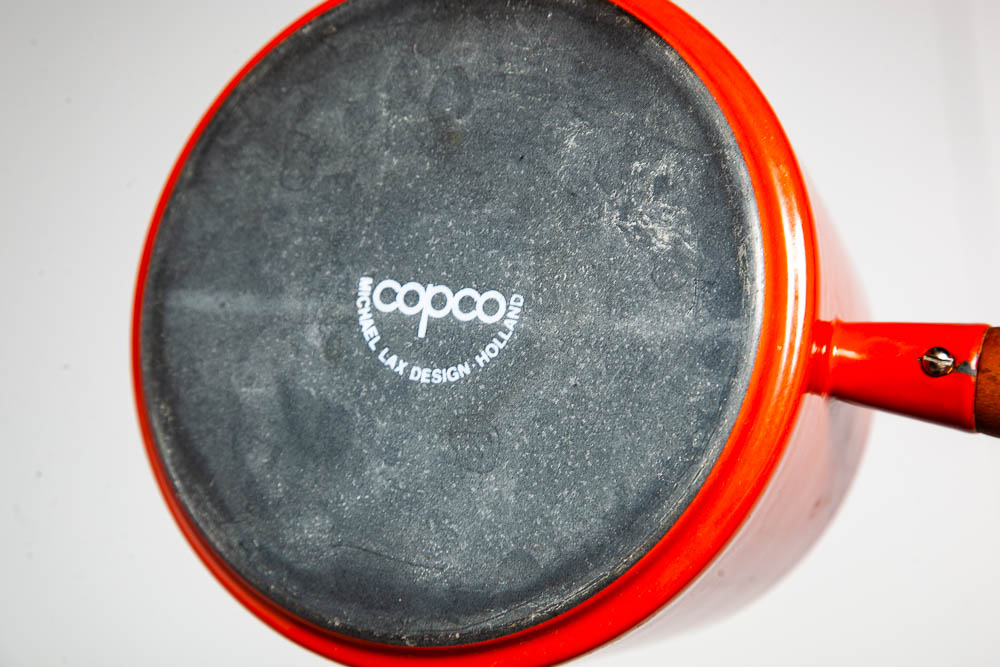 Mid Century Danish Modern Fondue Set Teak Cheese Orange Michael Lax Copco Enamel Cast Iron Vintage - Image 6