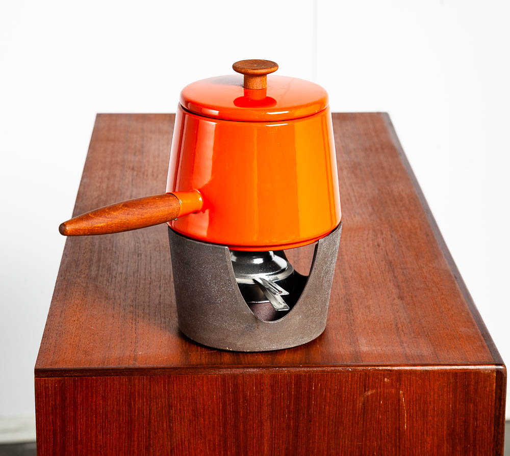Mid Century Danish Modern Fondue Set Teak Cheese Orange Michael Lax Copco Enamel Cast Iron Vintage - Image 2