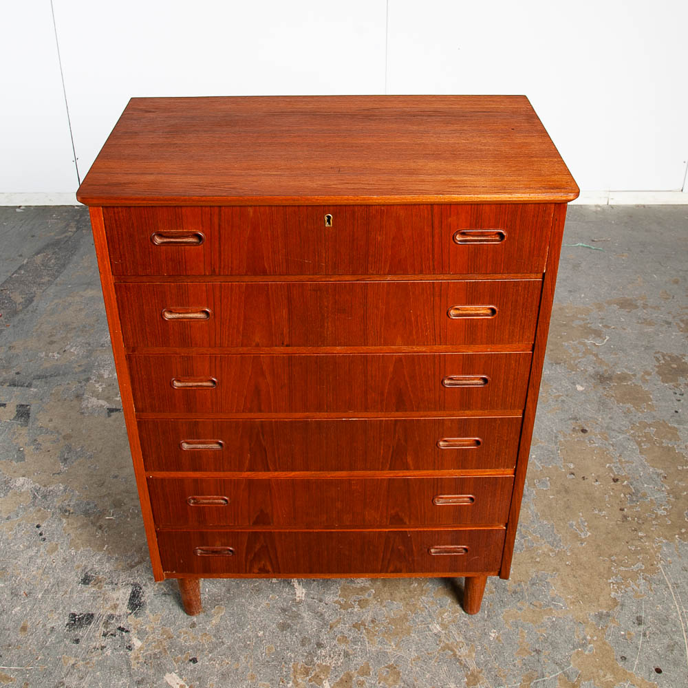 Mid Century Danish Modern Highboy Dresser 6 Drawer Teak Denmark Round Handle Locking Vintage - Image 6