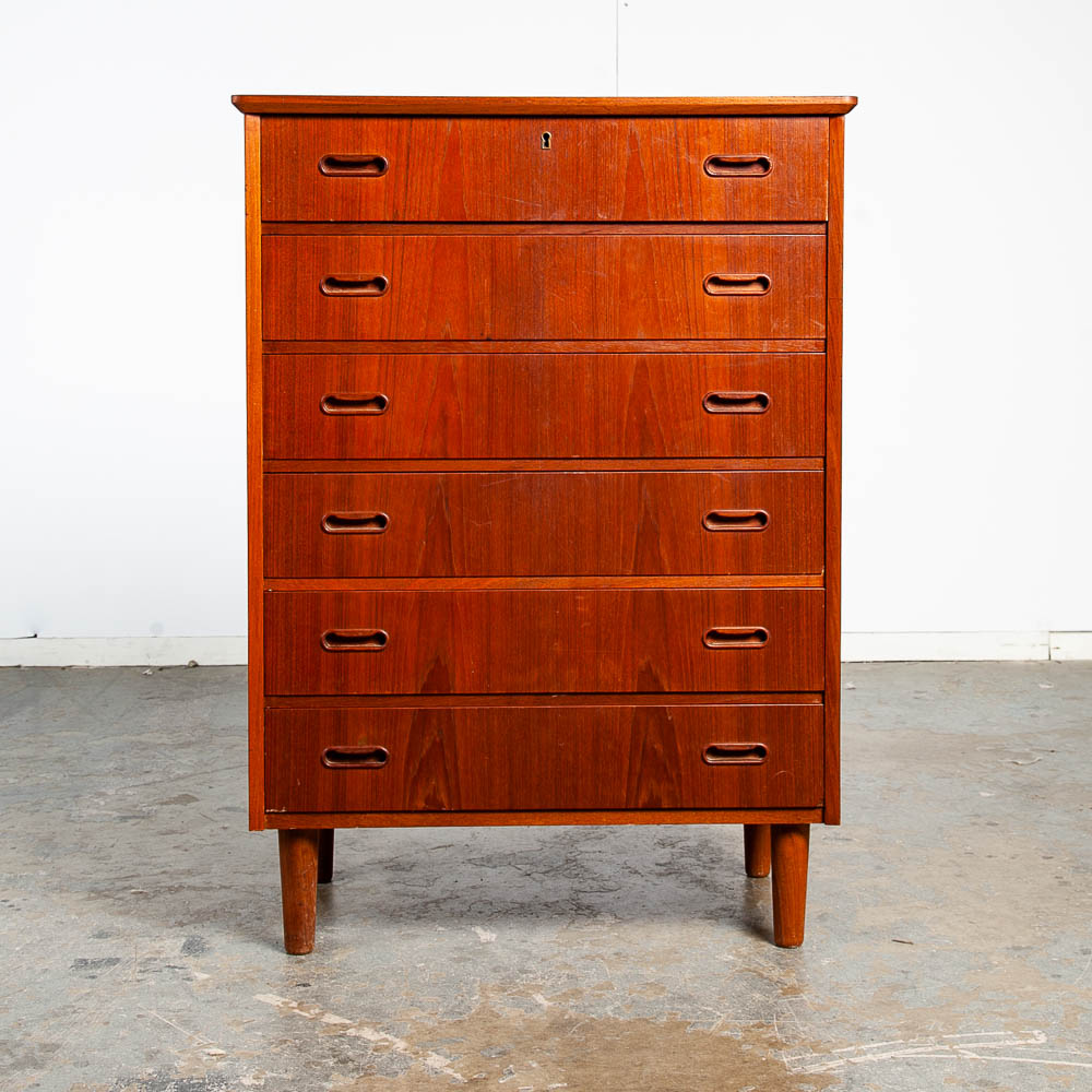Mid Century Danish Modern Highboy Dresser 6 Drawer Teak Denmark Round Handle Locking Vintage - Image 2