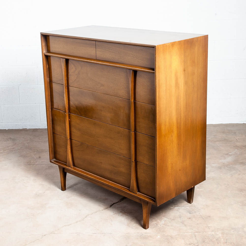 Mid Century Modern Dresser Highboy Tall Vintage Walnut Red Lion Chest 5 Drawers - Image 4