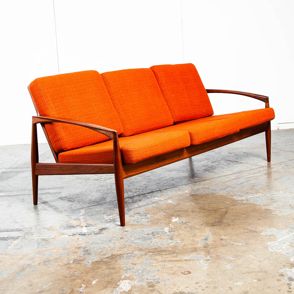 Mid Century Danish Modern Sofa Couch Kai Kristiansen Magnus OlesenPaper Knife Teak Brown Rust Vintage