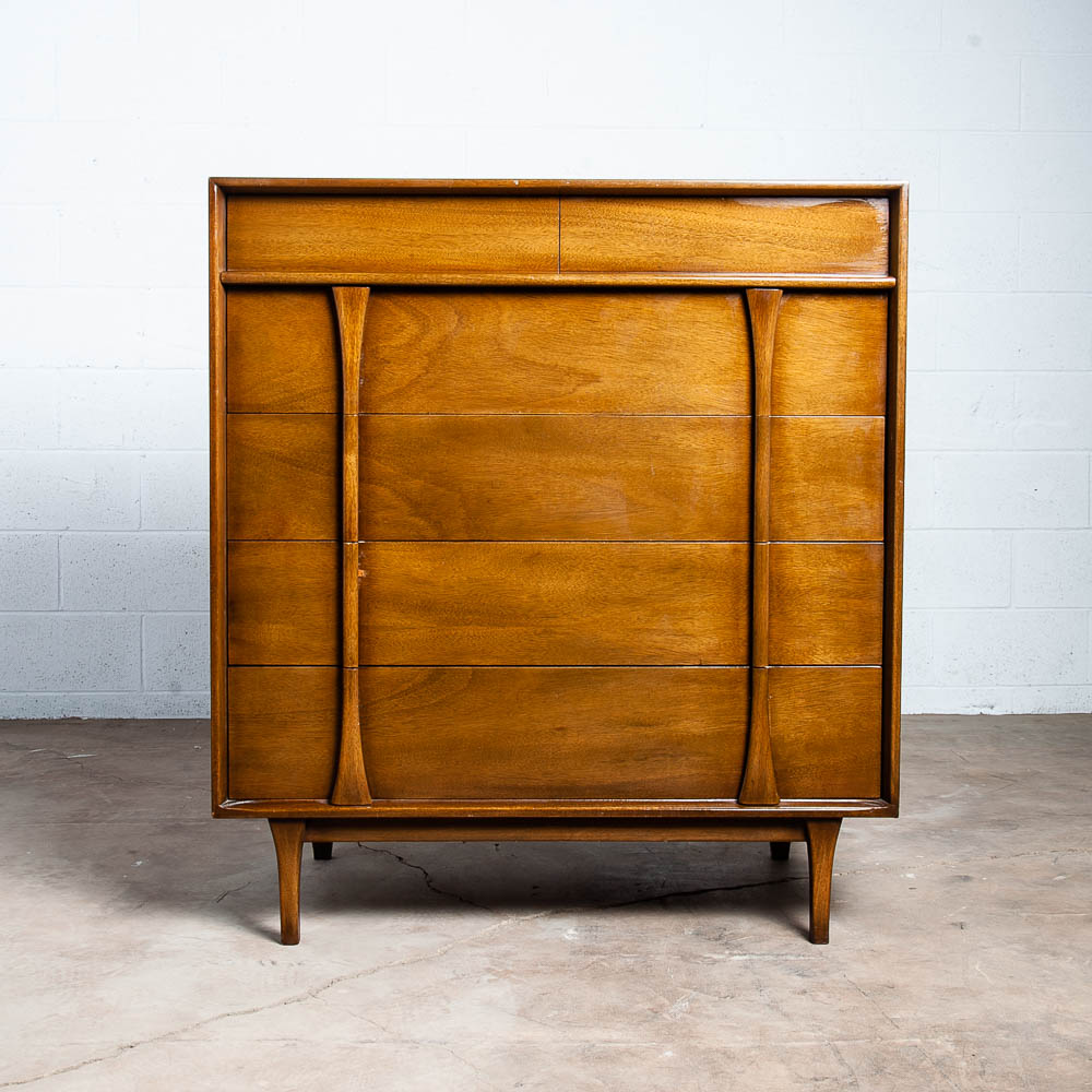 Mid Century Modern Dresser Highboy Tall Vintage Walnut Red Lion Chest 5 Drawers