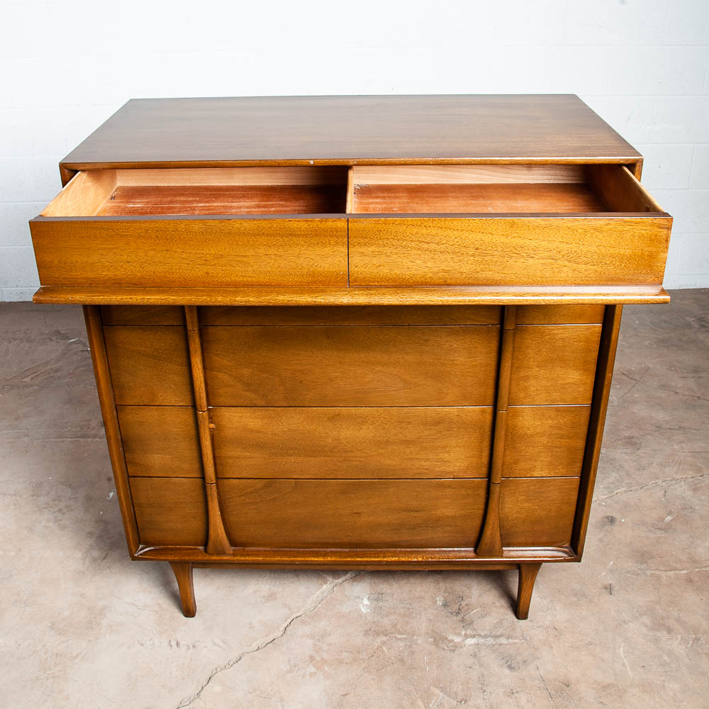 Mid Century Modern Dresser Highboy Tall Vintage Walnut Red Lion Chest 5 Drawers - Image 5