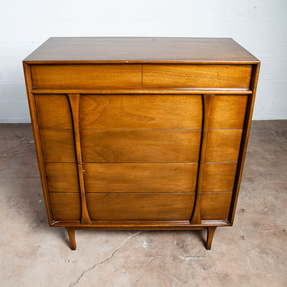 Mid Century Modern Dresser Highboy Tall Vintage Walnut Red Lion Chest 5 Drawers - Image 2