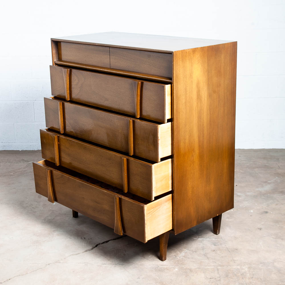 Mid Century Modern Dresser Highboy Tall Vintage Walnut Red Lion Chest 5 Drawers - Image 3