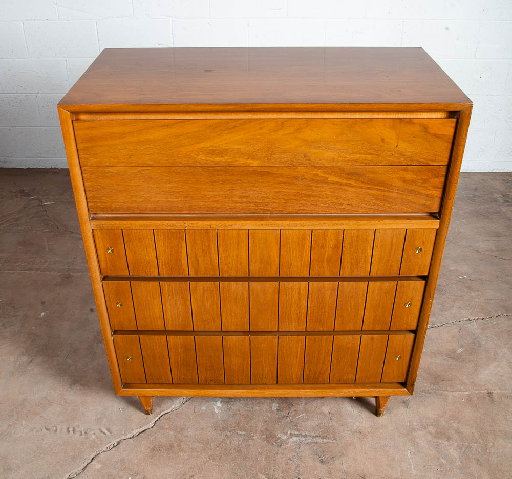 Mid Century Modern Dresser Highboy Kroehler Furniture Walnut 5 Drawer Brass Mcm - Image 4