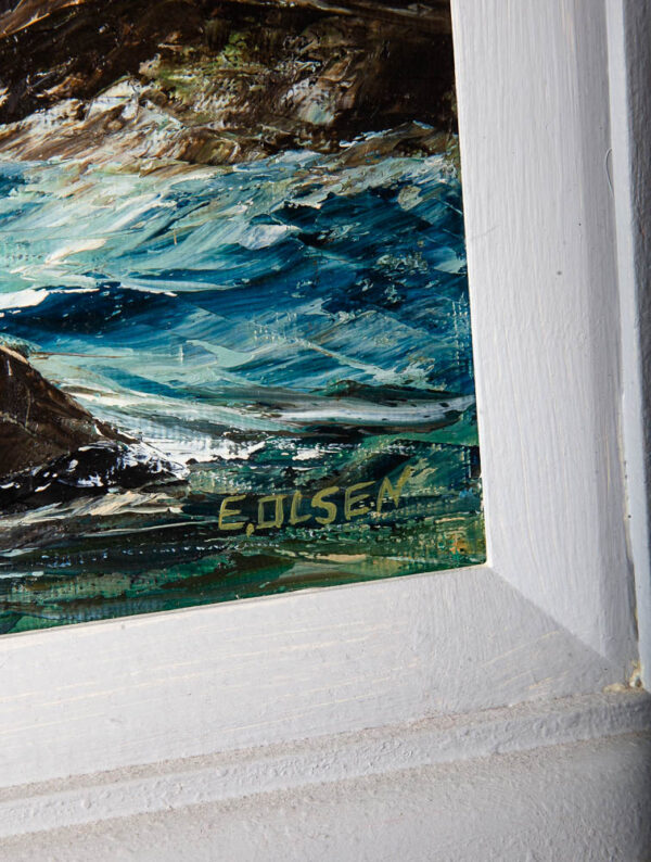 Mid Century Oil Painting Original Seascape Ocean Lighthouse E. Olsen Blue Grey Signed Vintage - Image 4
