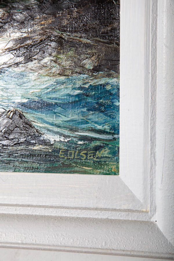 Mid Century Oil Painting Original Seascape Ocean Lighthouse E. Olsen Blue Grey Signed Vintage - Image 6