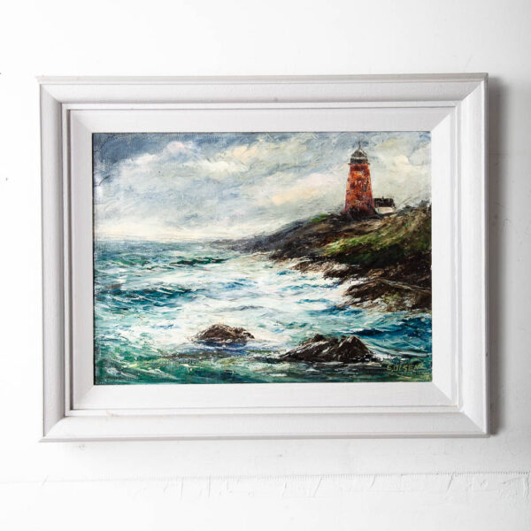 Mid Century Oil Painting Original Seascape Ocean Lighthouse E. Olsen Blue Grey Signed Vintage - Image 7
