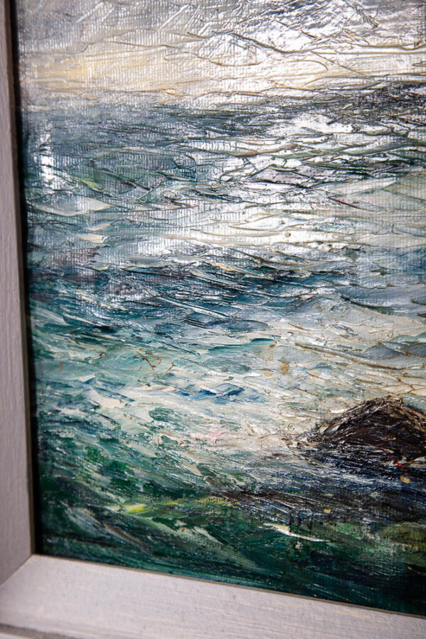 Mid Century Oil Painting Original Seascape Ocean Lighthouse E. Olsen Blue Grey Signed Vintage - Image 3