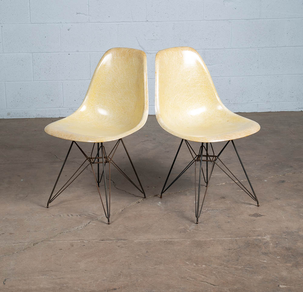 Mid Century Modern Side Shell Chair Pair Set Herman Miller Eames Eiffel Ochre VG