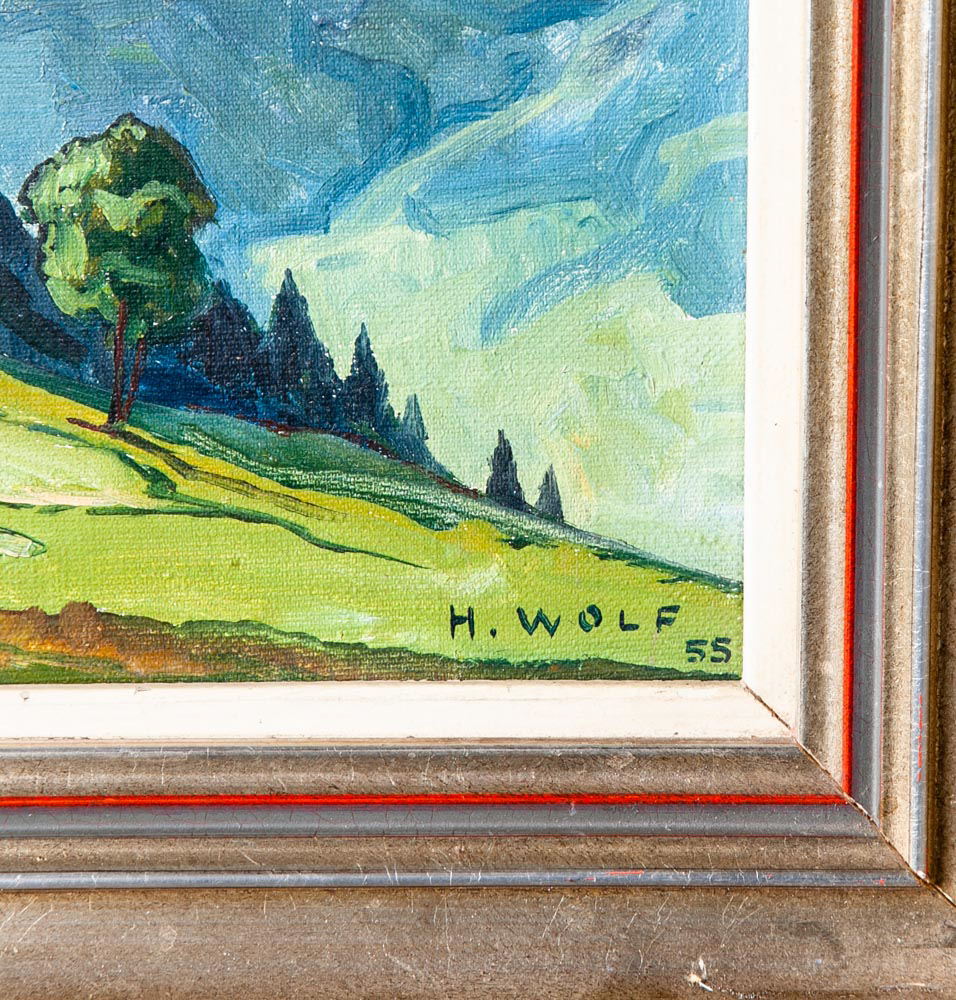 Mid Century Modern Oil Painting Original Art Landscape Signed H Wolf '55 Vintage - Image 12