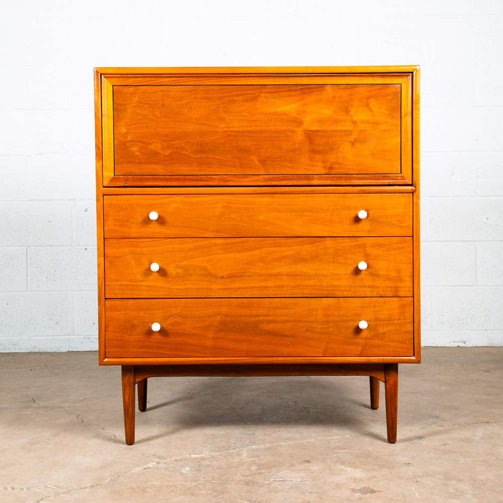 Mid Century Modern Highboy Dresser Drexel Declaration Kipp Stewart Walnut Chest White Knobs Drop Leaf - Image 2