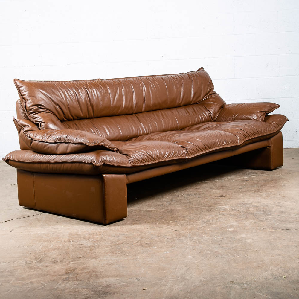 Mid Century Post Modern Leather Sofa Couch Settee Nicoletti Salotti Italy Brown
