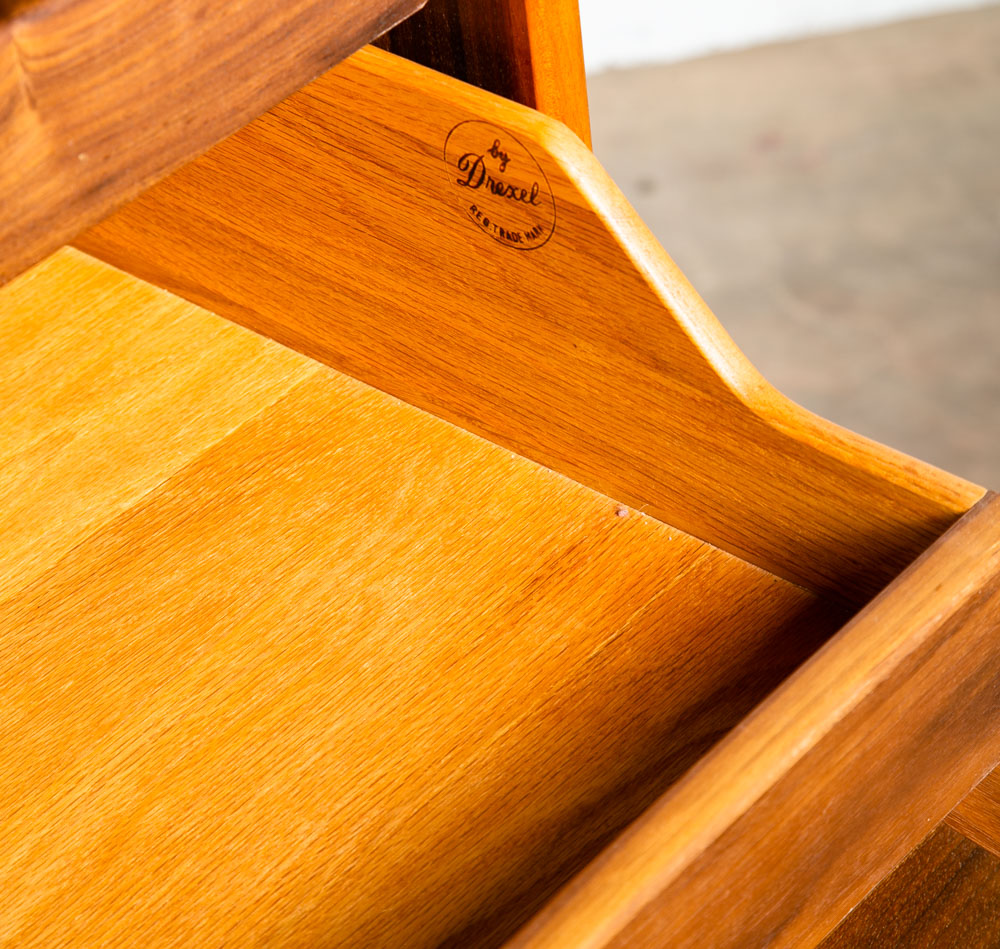 Mid Century Modern Highboy Dresser Drexel Declaration Kipp Stewart Walnut Chest White Knobs Drop Leaf - Image 9