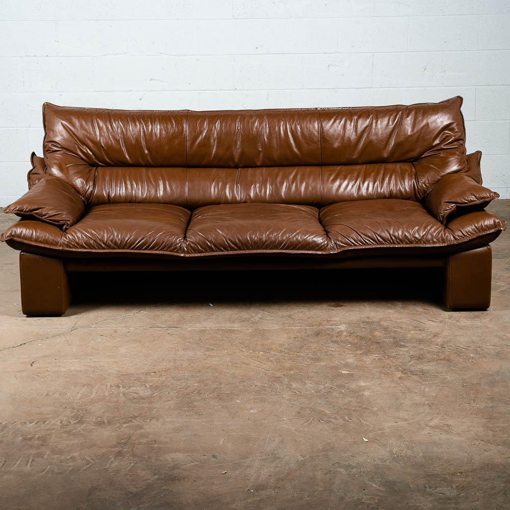 Mid Century Post Modern Leather Sofa Couch Settee Nicoletti Salotti Italy Brown - Image 2