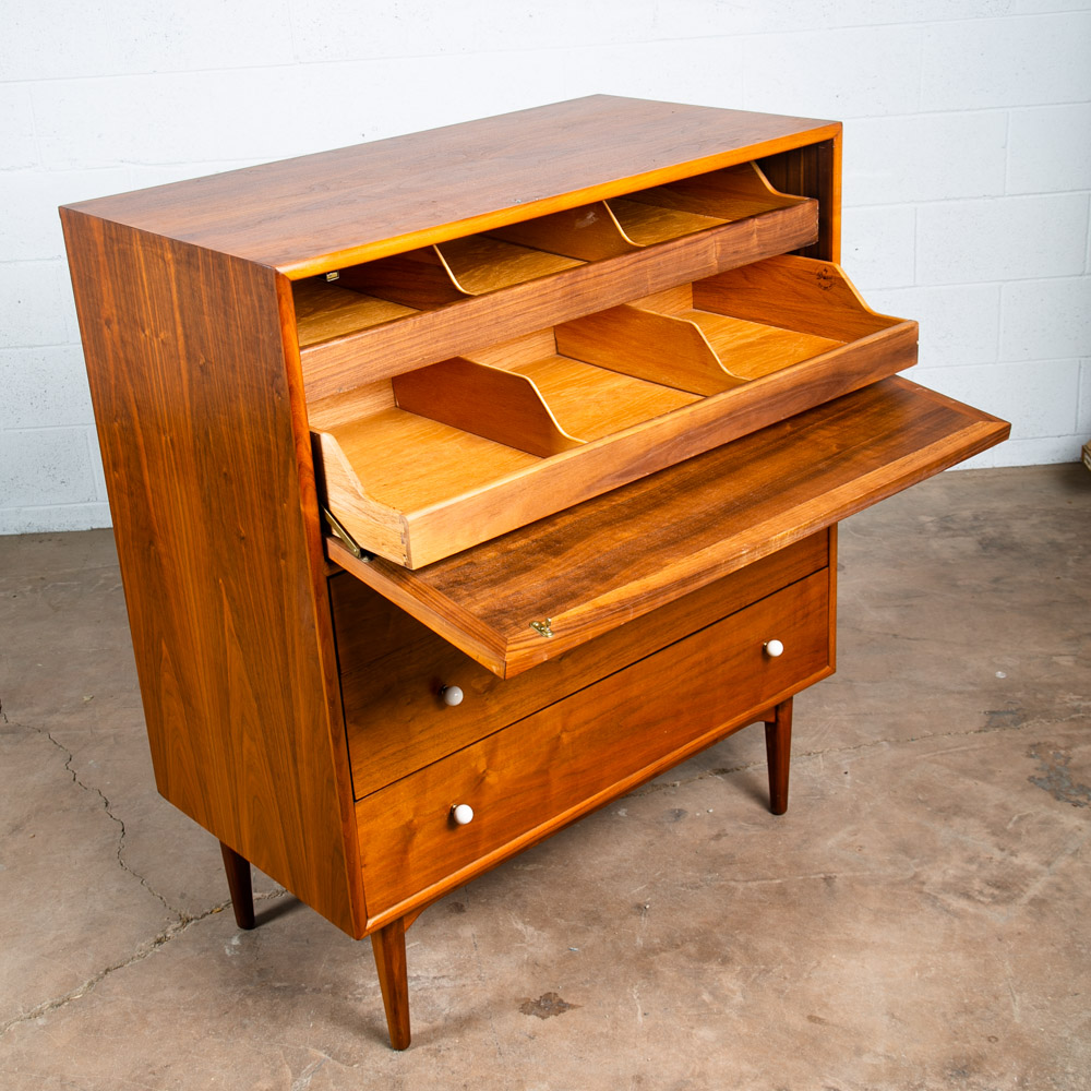 Mid Century Modern Highboy Dresser Drexel Declaration Kipp Stewart Walnut Chest White Knobs Drop Leaf - Image 6